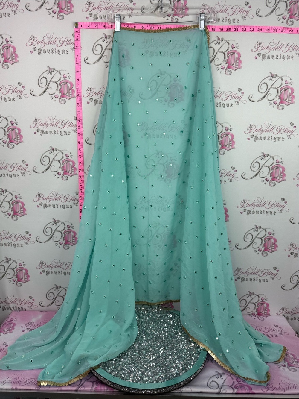 Scarf large size or table cloth Aqua Mint Beaded Chiffon Saree with Gold Trim